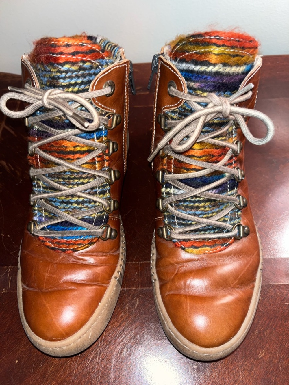Josef Seibel Brown Leather zip up  Laced Boots with Multicolor Knit Cuffs